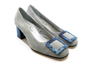 Décolleté Heel 5cm upper in Grey Suede, heel and buckle in printed Blue Phyton